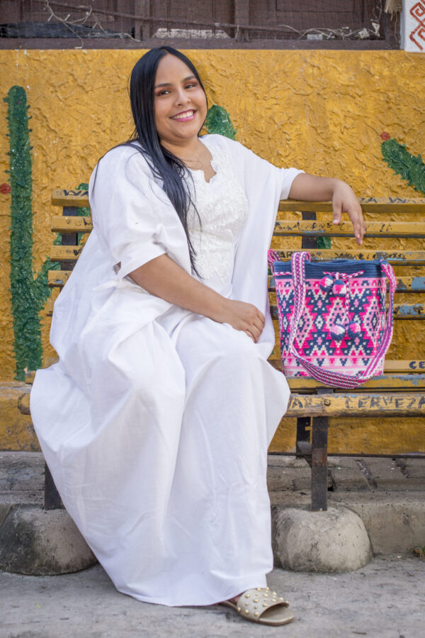 Mochila Azul jean, rosados y blanco